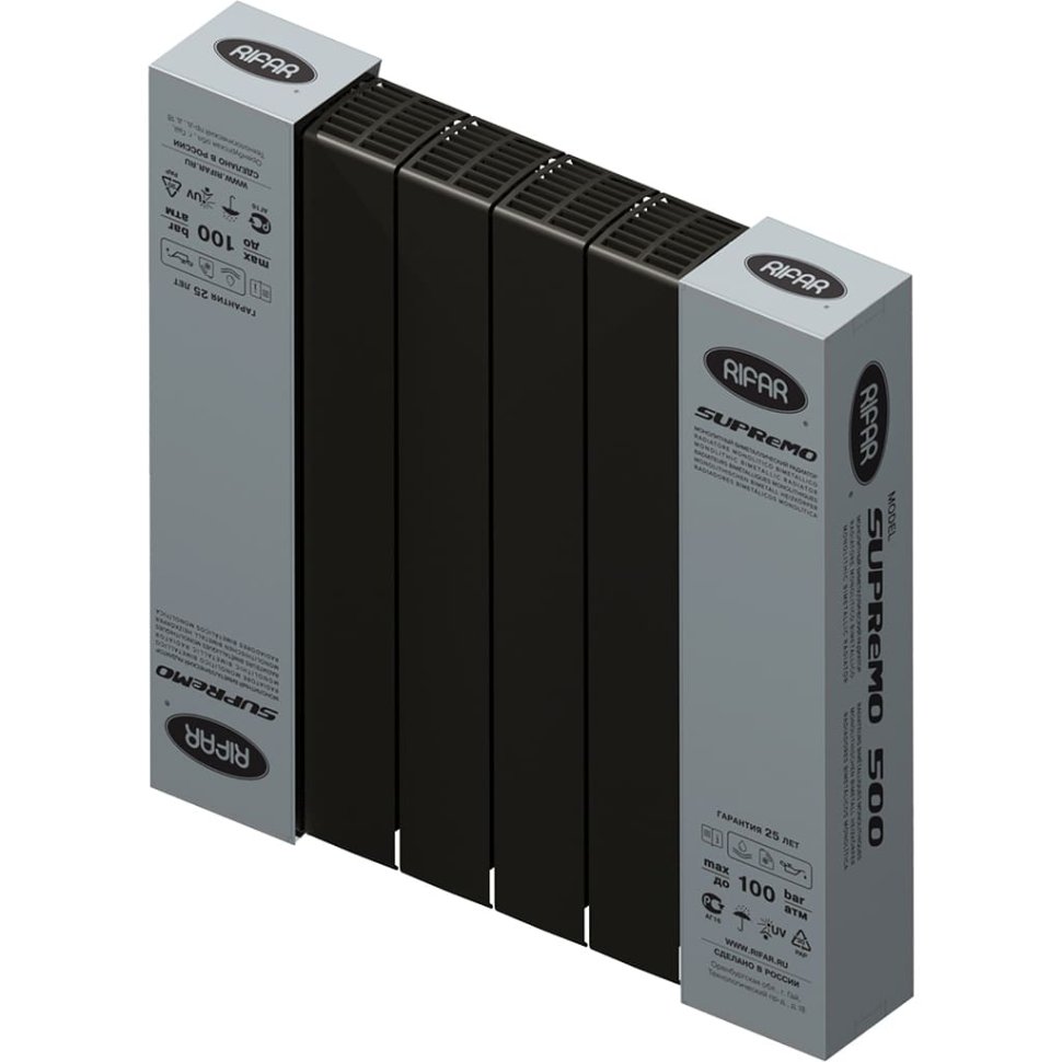 Биметаллический радиатор отопления Rifar Supremo 500 боковое подключение 6 секций антрацит