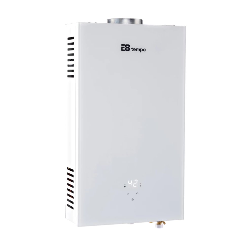 Проточный газовый водонагреватель E8 tempo E8WAY20 (белая стеклянная панель)