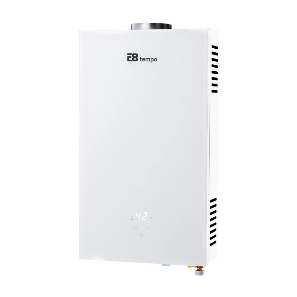 Проточный газовый водонагреватель E8 tempo E8WAY24 (белая стеклянная панель)