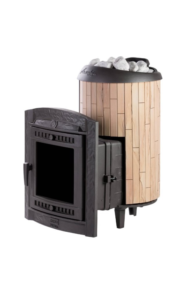 Печь банная PROMetall Атмосфера L в ламелях Окаменевшее дерево наборный рисунок