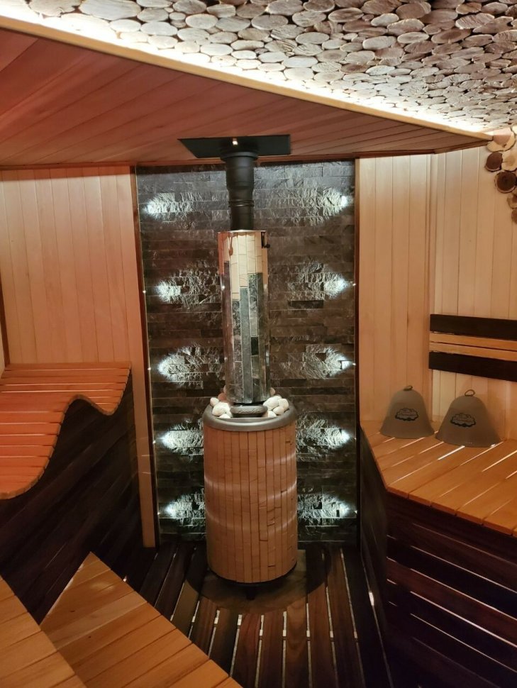 Печь банная PROMetall Атмосфера L в ламелях Окаменевшее дерево наборный рисунок