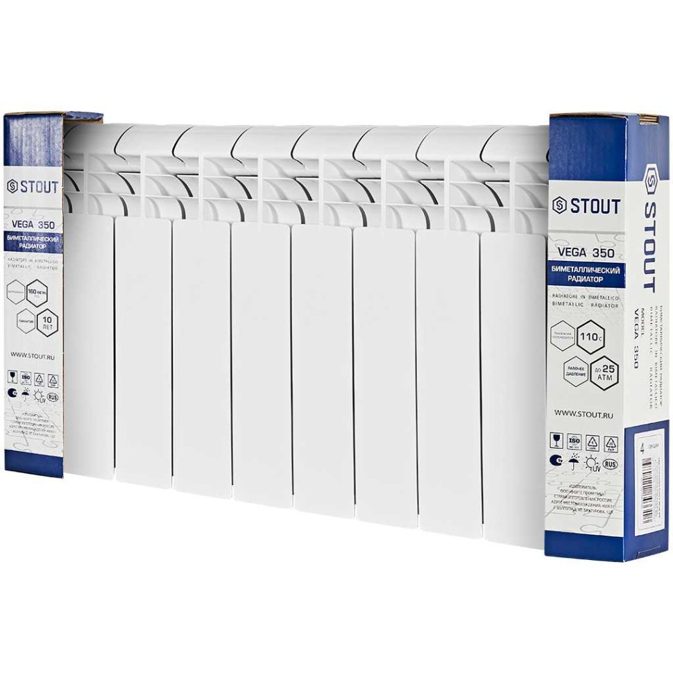 Биметаллический радиатор отопления Stout Vega 350 10 секций боковое подключение белый RAL 9016