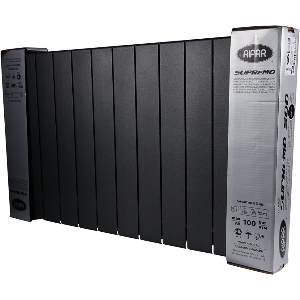 Биметаллический радиатор отопления Rifar Supremo Ventil SVR 500 12 секций нижнее правое подключение антрацит