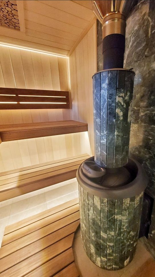 Печь банная PROMetall Атмосфера XL в ламелях Верде Гватемала наборный рисунок