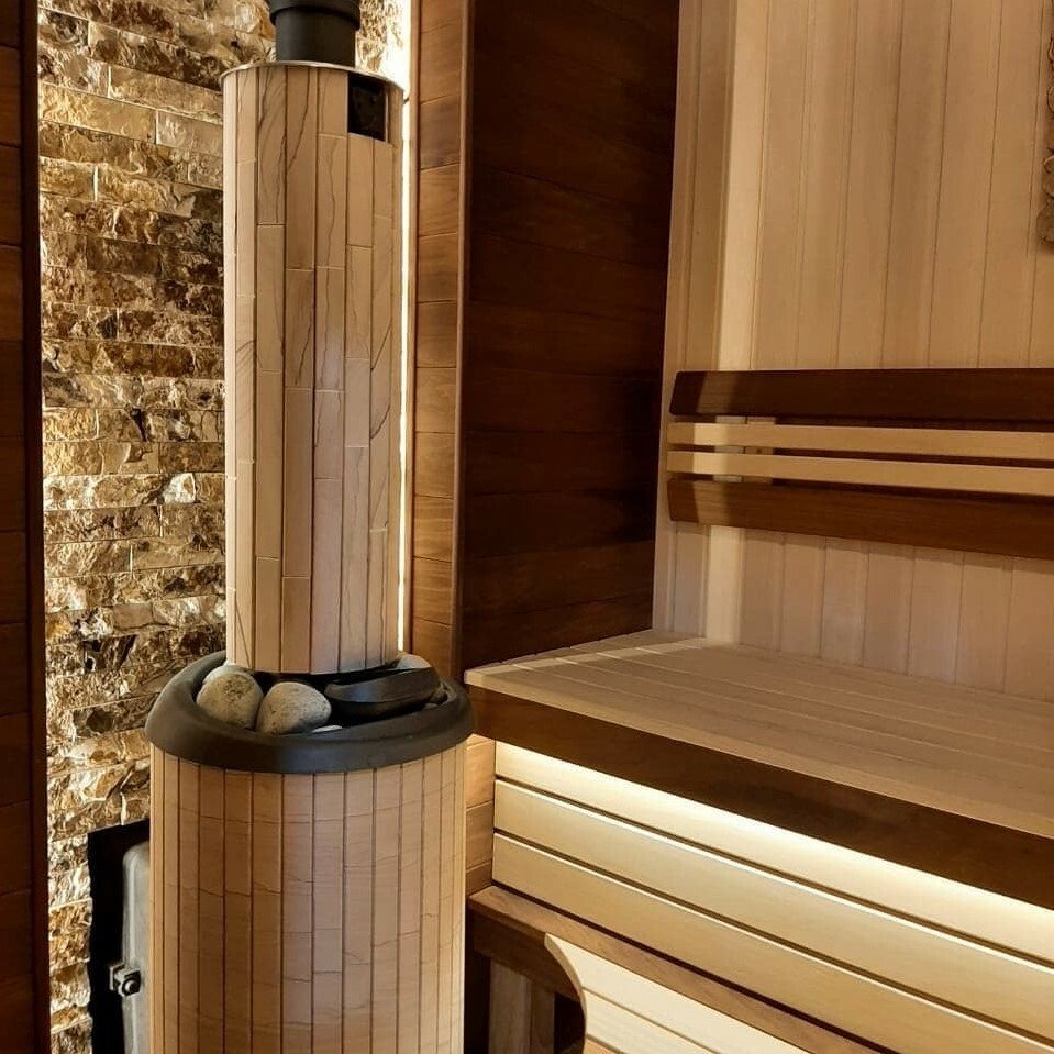 Печь банная PROMetall Атмосфера XL в ламелях Окаменевшее дерево наборный рисунок