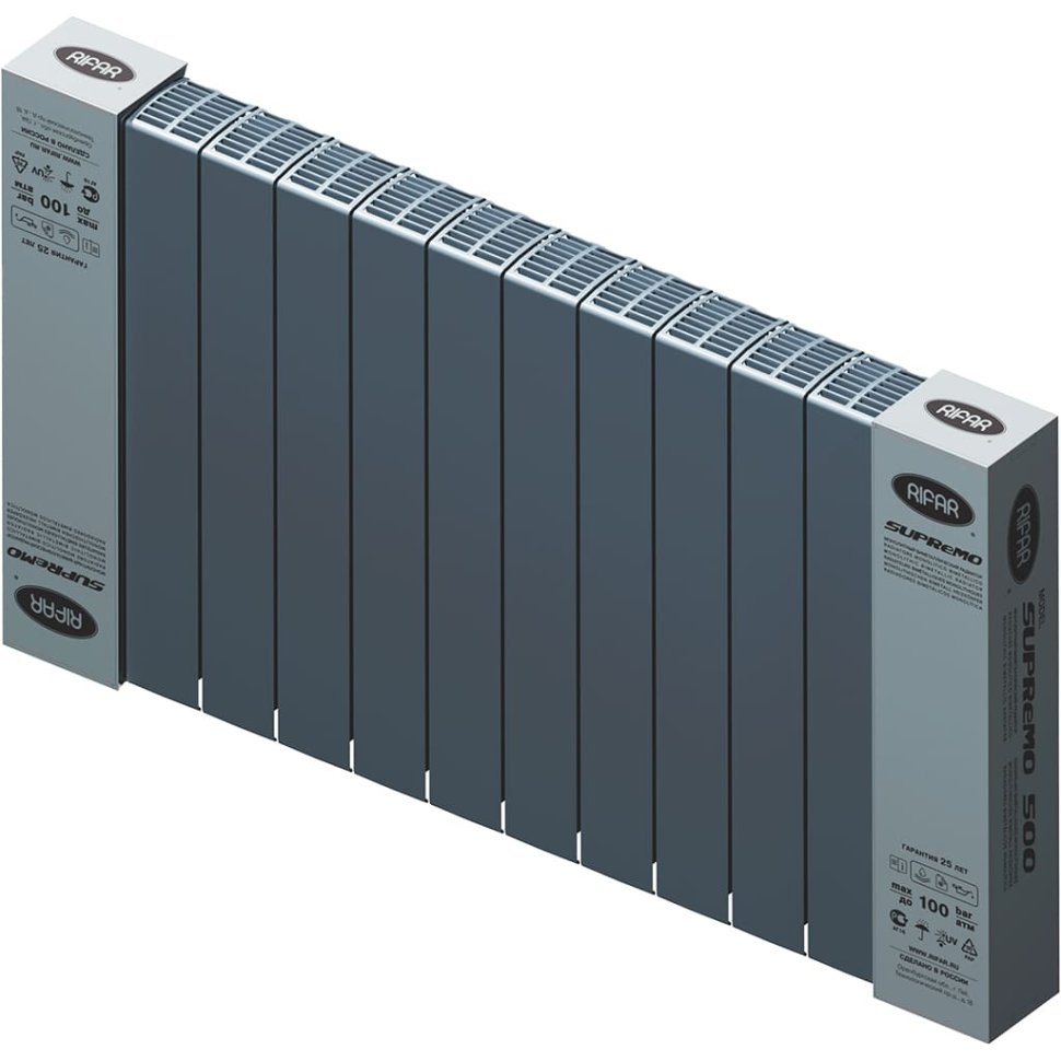 Биметаллический радиатор отопления Rifar Supremo 500 боковое подключение 12 секций титан